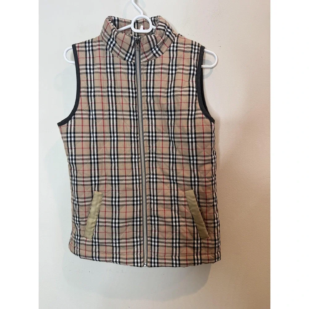 Pink Lily Vest Womens Small Beige Plaid Quilted Full Zip Collared Lined‎ Twill
